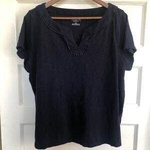 Talbots Pom Pom Trim Cotton Shirt Blouse 2X Petite Navy Basics Casual Vacation